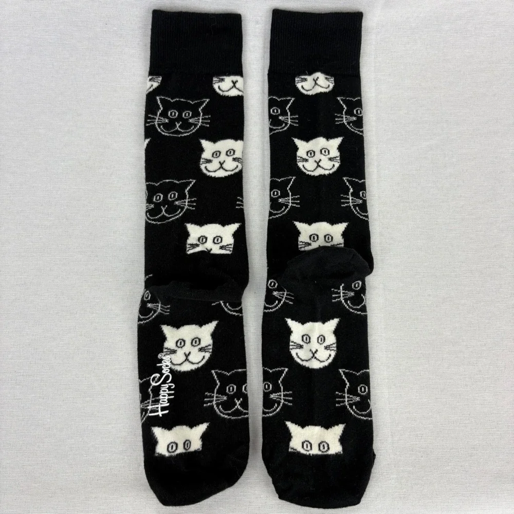 Happy Socks Cat Face Socks Black & White Size 6-9 Shoe‎ Organic Cotton Funky